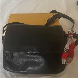 Tignanello Black Leather Satchel with Colorful Twilly